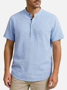 Men's Cotton Linen Band Collar Short Sleeve Shirt ElevenOasis