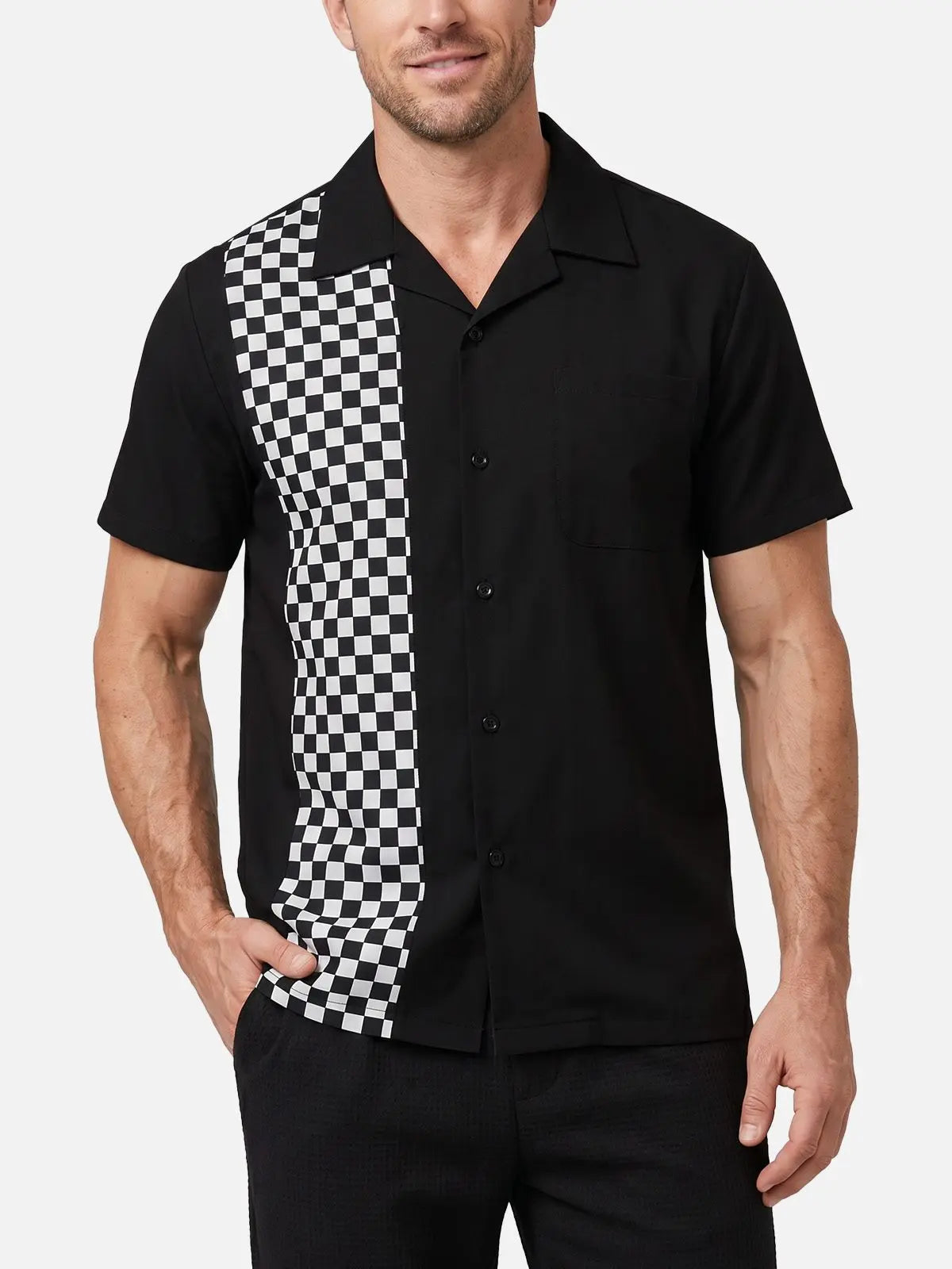 Men's Checkerboard Panel Bowling Short Sleeve Shirt Eleven Oasis