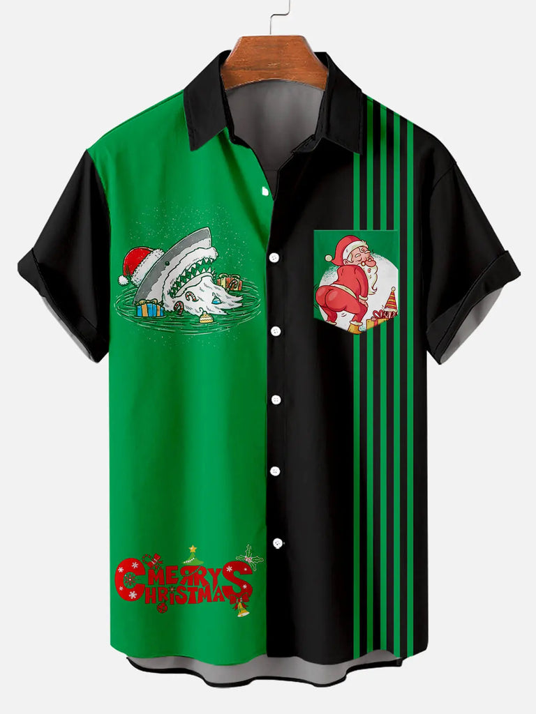 Christmas Shark Striped Men's Short Sleeve ShirtMens short sleeve shirts Big and tall Mens shirts Short sleeve shirts for men Mens 4xl shirts Casual short sleeve shirts