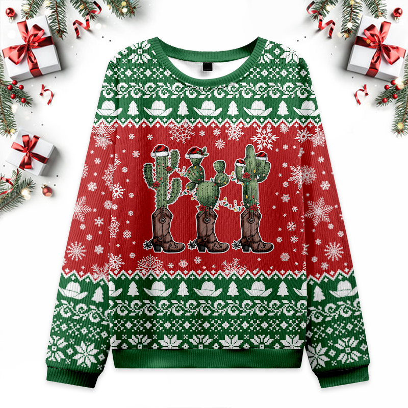 Cactus Wearing Cowboy Boots Ugly Christmas Sweater Eleven Oasis