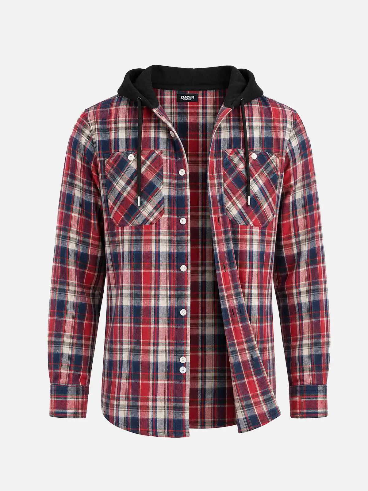 Men's Hooded Plaid Double Pocket Long Sleeve Shirt Eleven Oasis