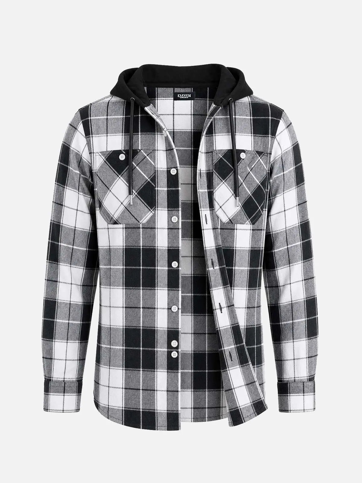 Men's Hooded Plaid Double Pocket Long Sleeve Shirt Eleven Oasis