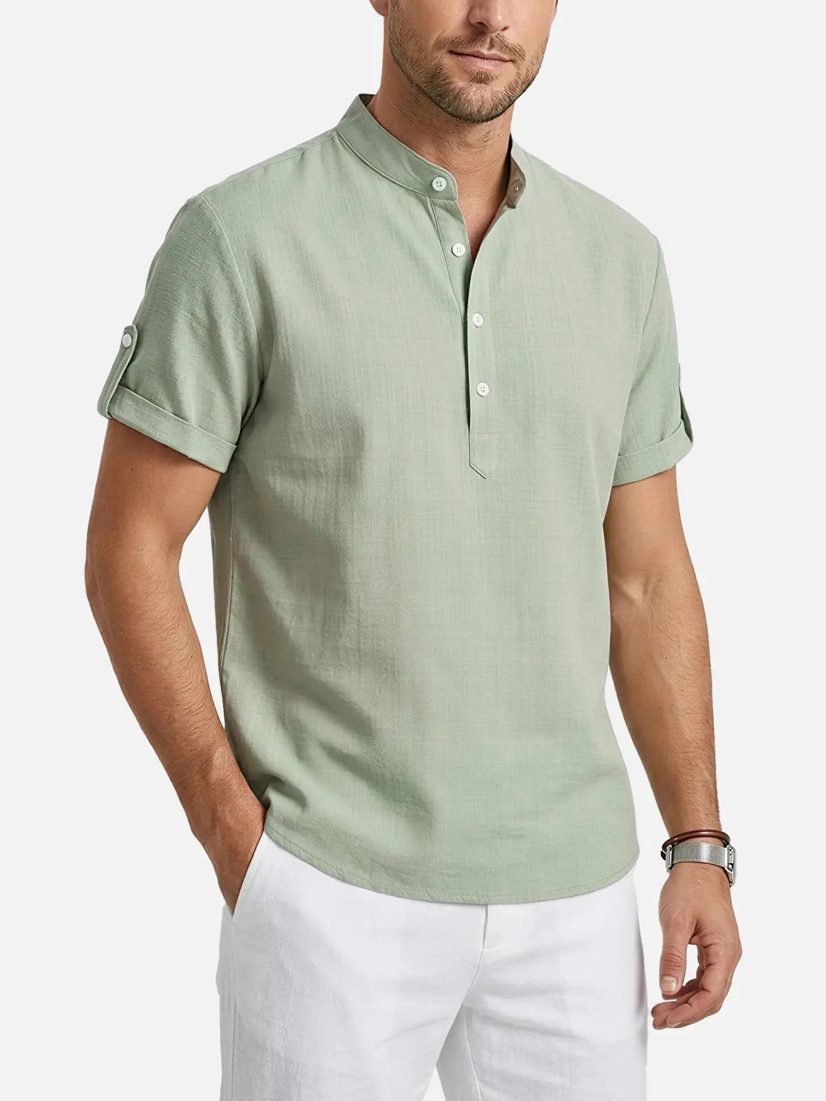 Men's Linen-Look Mandarin Collar Short Sleeve Shirt Eleven Oasis