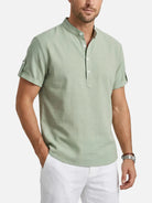 Men's Linen-Look Mandarin Collar Short Sleeve Shirt Eleven Oasis