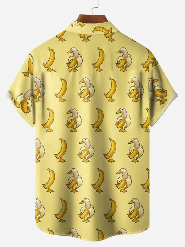 Cartoon Duck Banana Pattern Men's Short Sleeve TopMens short sleeve shirts Big and tall Mens shirts Short sleeve shirts for men Mens 4xl shirts Casual short sleeve shirts