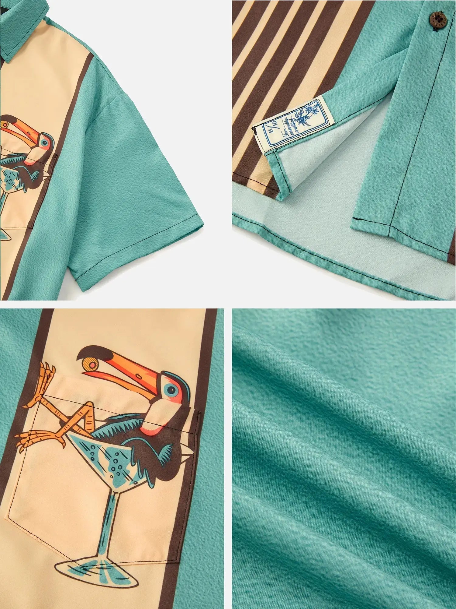 Men's Striped Everyday with Toucan in a Cocktail Glass Short Sleeve Casual Shirt ElevenOasis