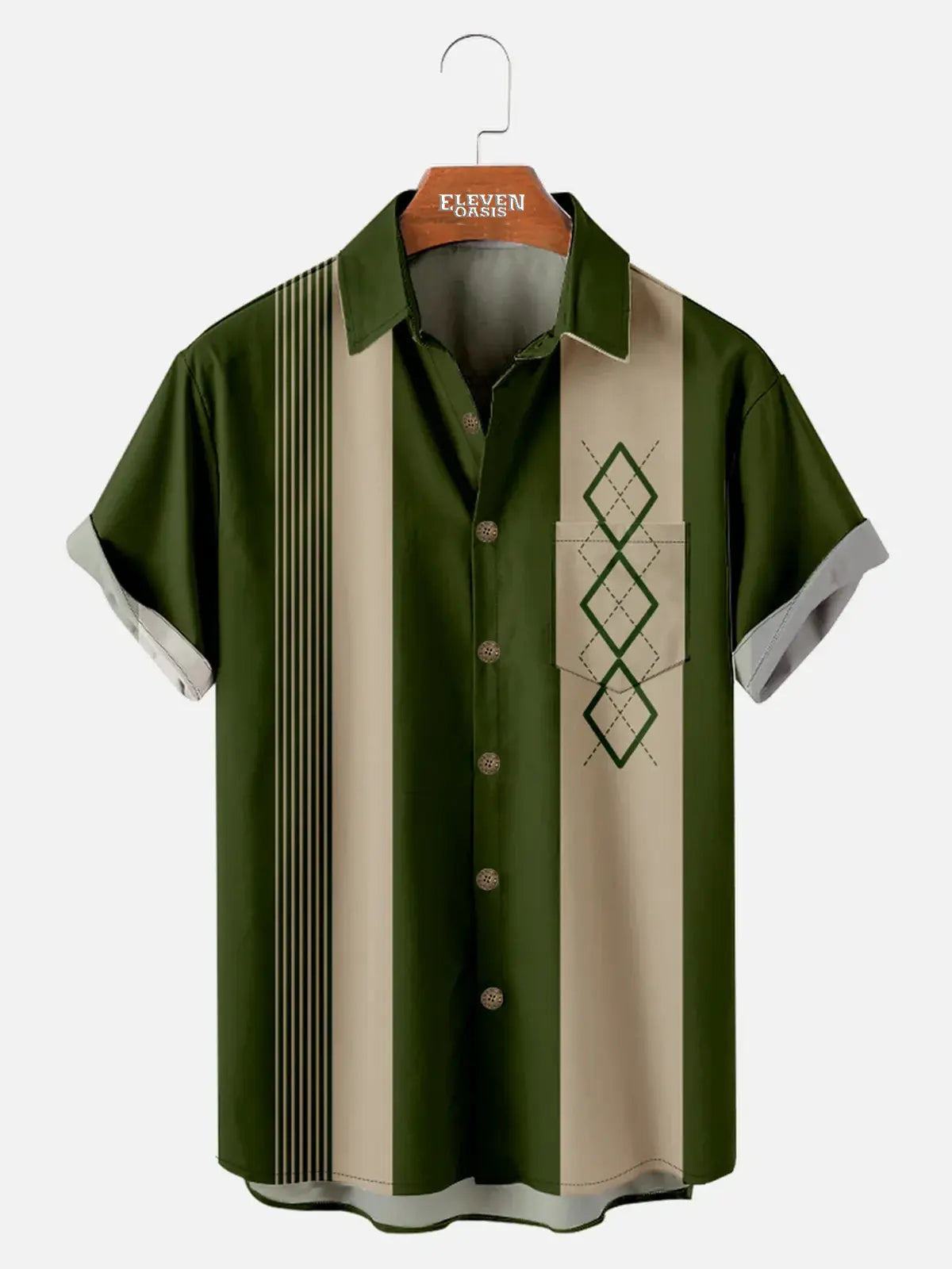 Casual Art Collection Geometric Stripes Color Block Bowling Pattern Lapel Short Sleeve Shirt Print Top ElevenOasis