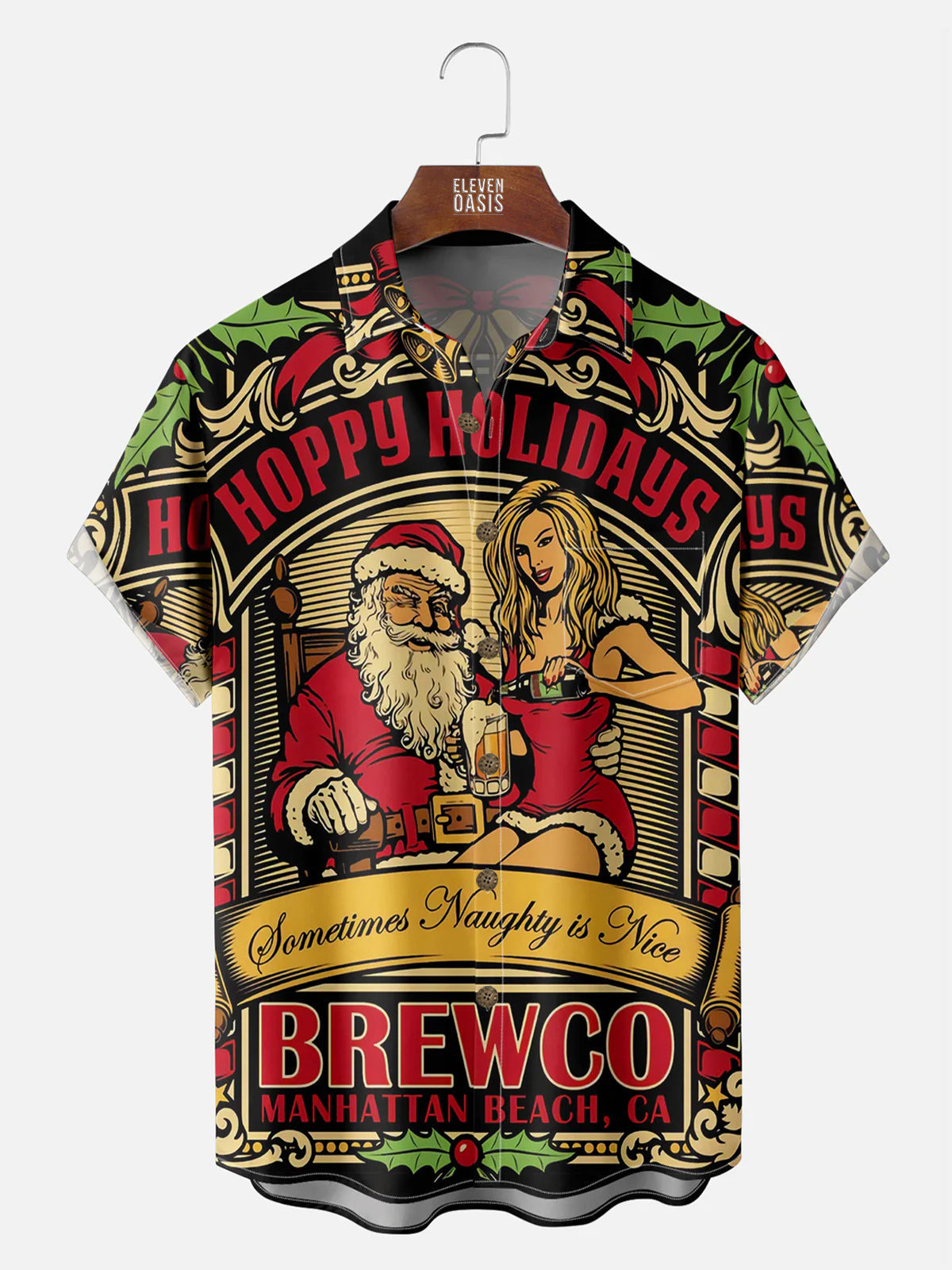 Tall Men's Naughty is Nice Santa with Beauty and Beer Short Sleeve Shirt Eleven Oasis