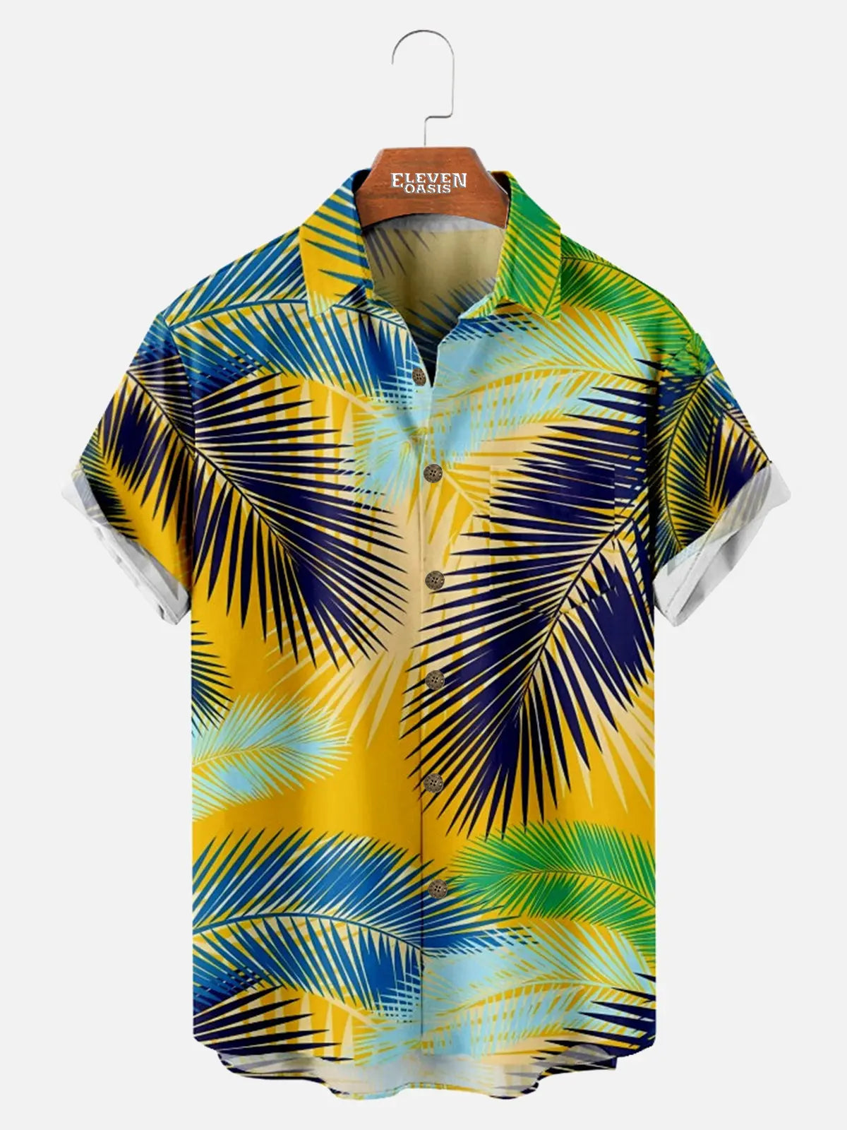 Men's Hawaiian Palm Leaf Print Colorful Casual Short Sleeve Shirt ElevenOasis