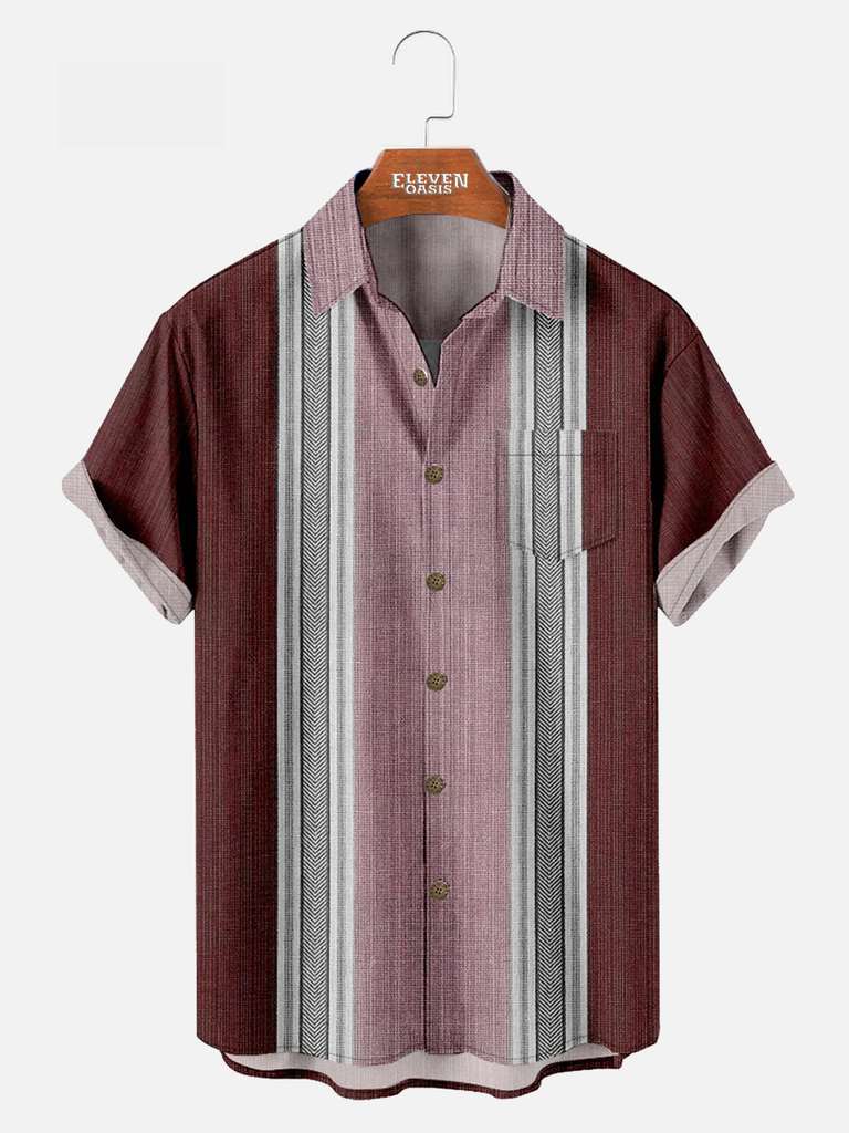 Men's Simple Pattern Striped Every Day Short Sleeve Shirt with Chest Pocket ElevenOasis