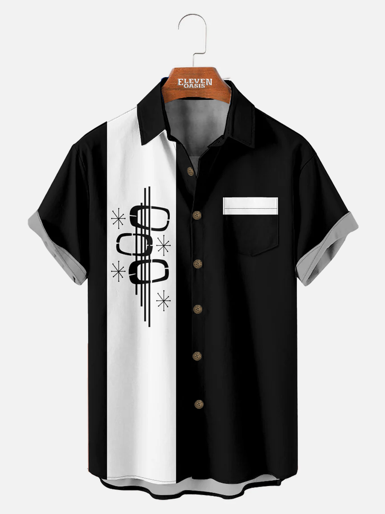 Men's Simple Pattern Bowling Shirt with Chest Pocket ElevenOasis