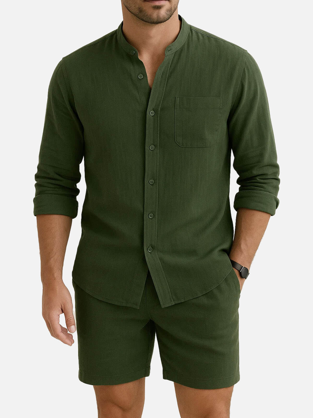 Men’s Solid Color Linen Stand Up Collar Long Sleeve Elastic Waist Set Casual Slow Sunday Two Piece Eleven Oasis