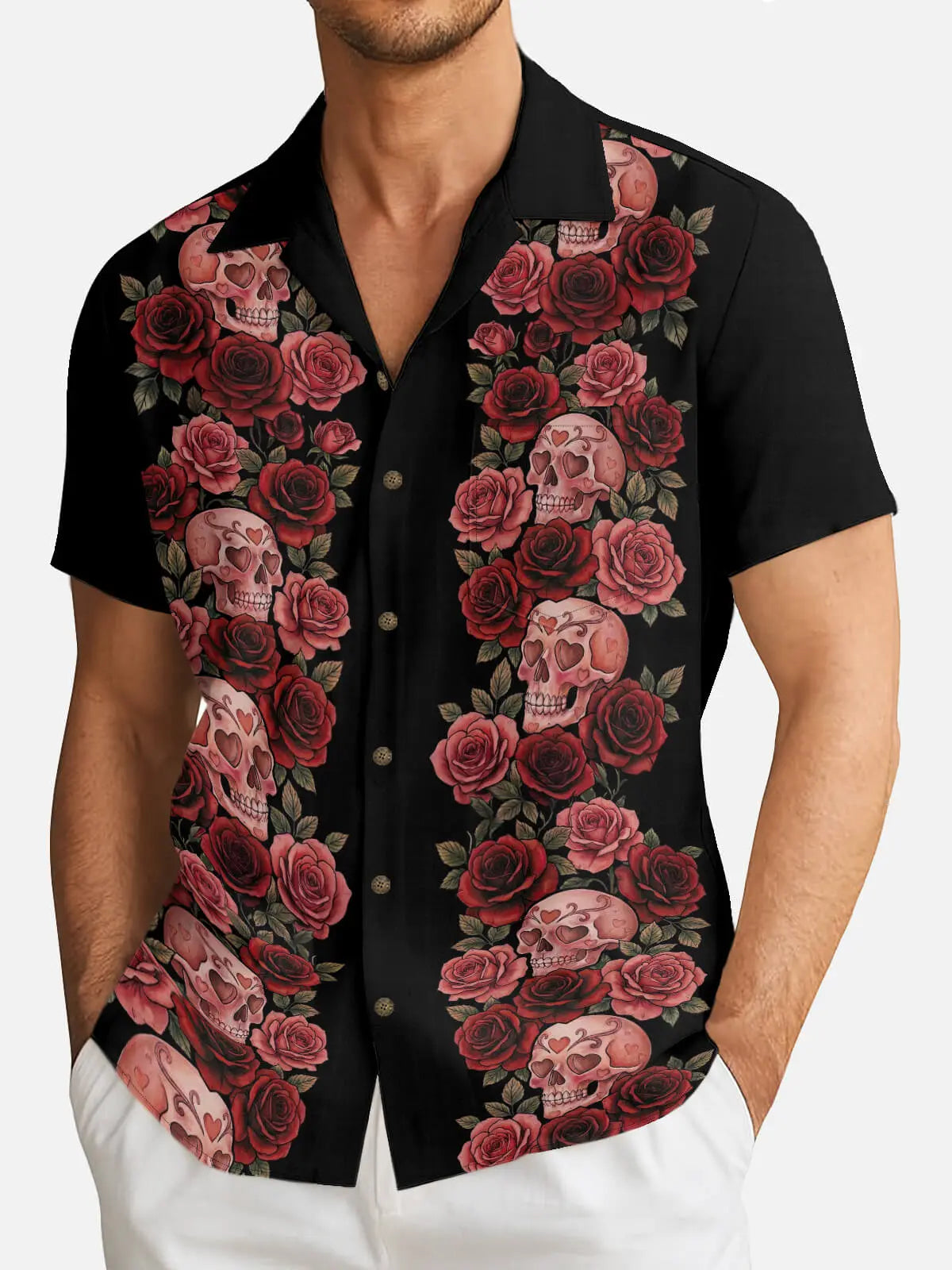 Tall Men's Skull Rose Panel Short Sleeve Shirt
