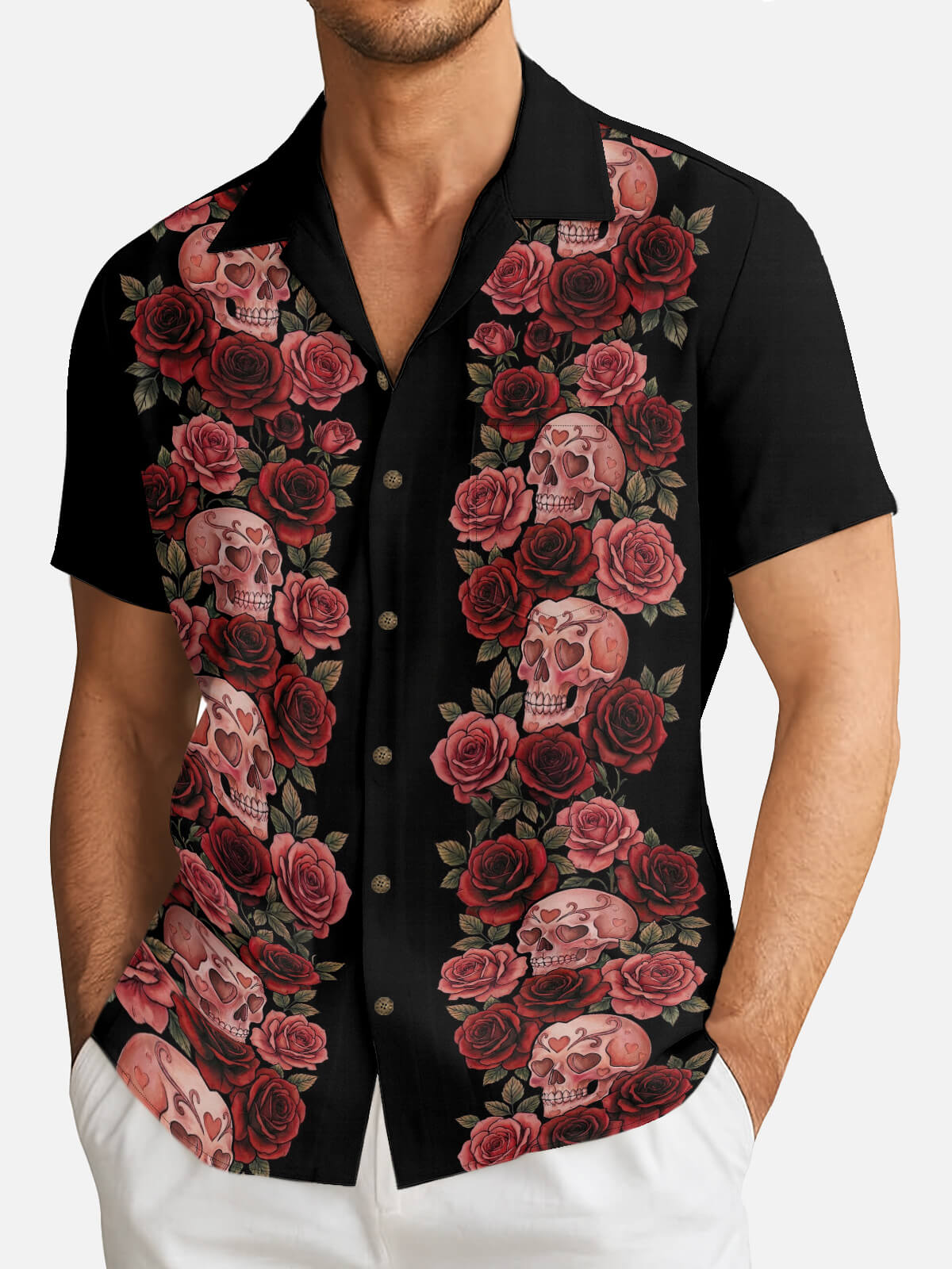 Tall Men's Skull Rose Panel Short Sleeve Shirt Eleven Oasis