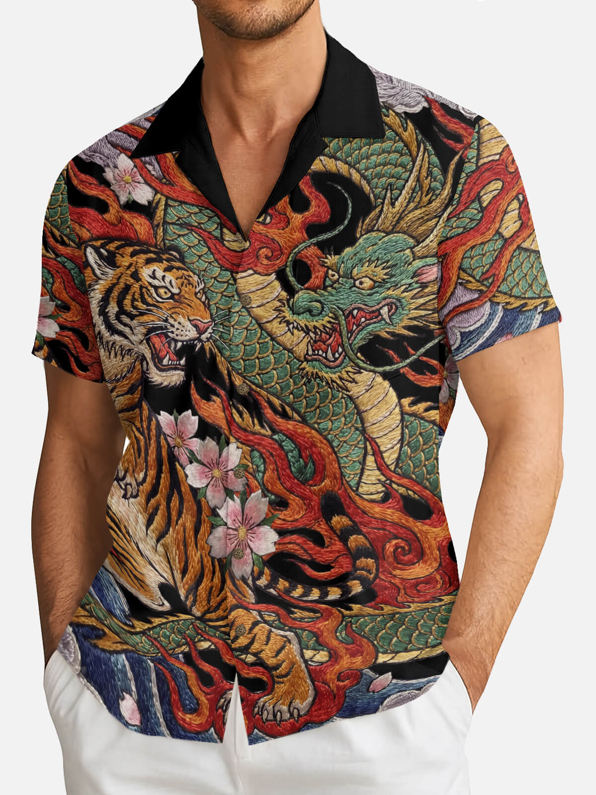 Tall Men's Japanese Tiger & Dragon Battle Short Sleeve Shirt Eleven Oasis
