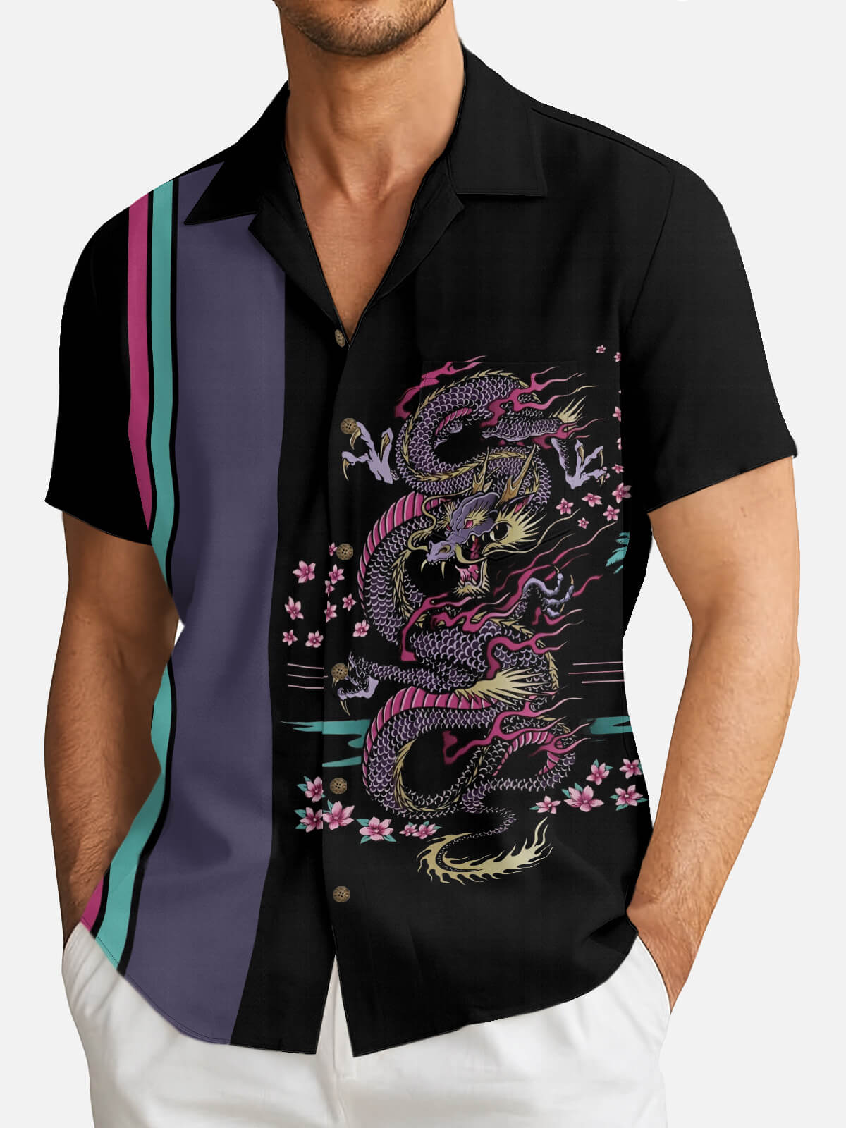 Tall Men's Japanese Dragon & Sakura Panel Short Sleeve Shirt Eleven Oasis