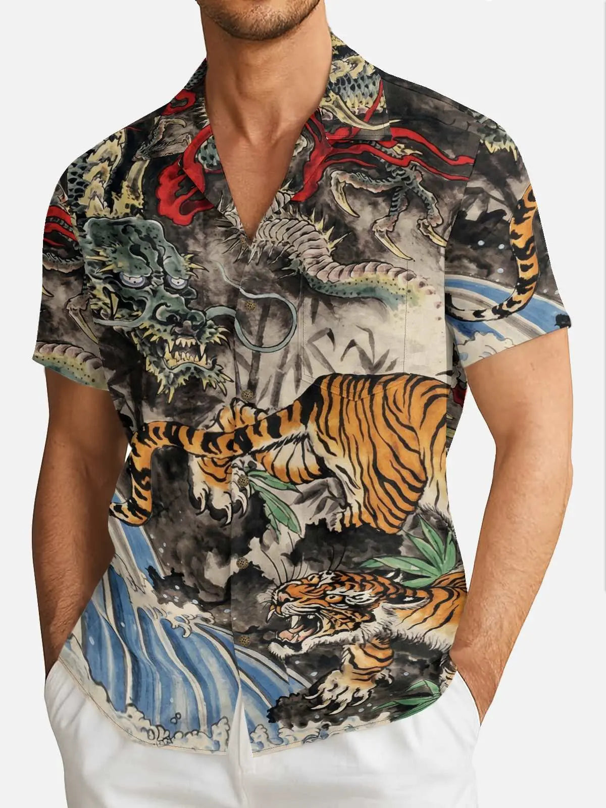 Men's Japanese Dragon & Tiger Short Sleeve Shirt Eleven Oasis