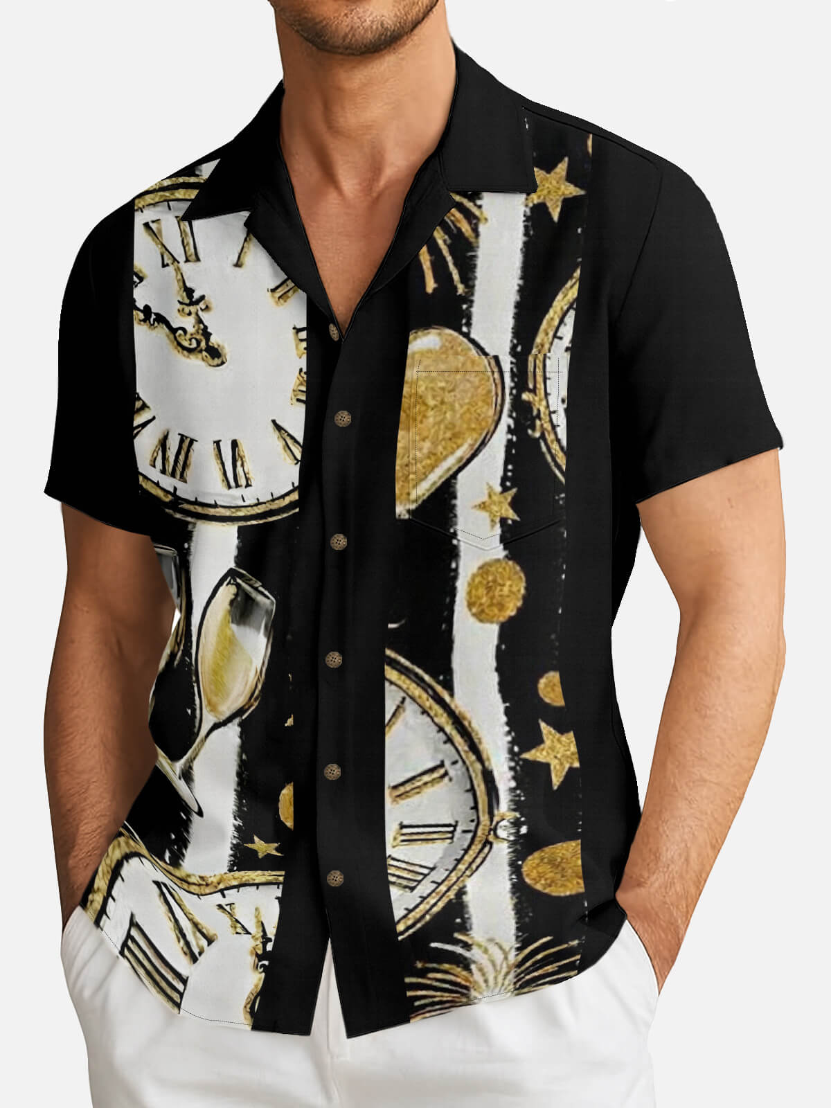 Tall Men's New Year Clock & Champagne Short Sleeve Shirt Eleven Oasis