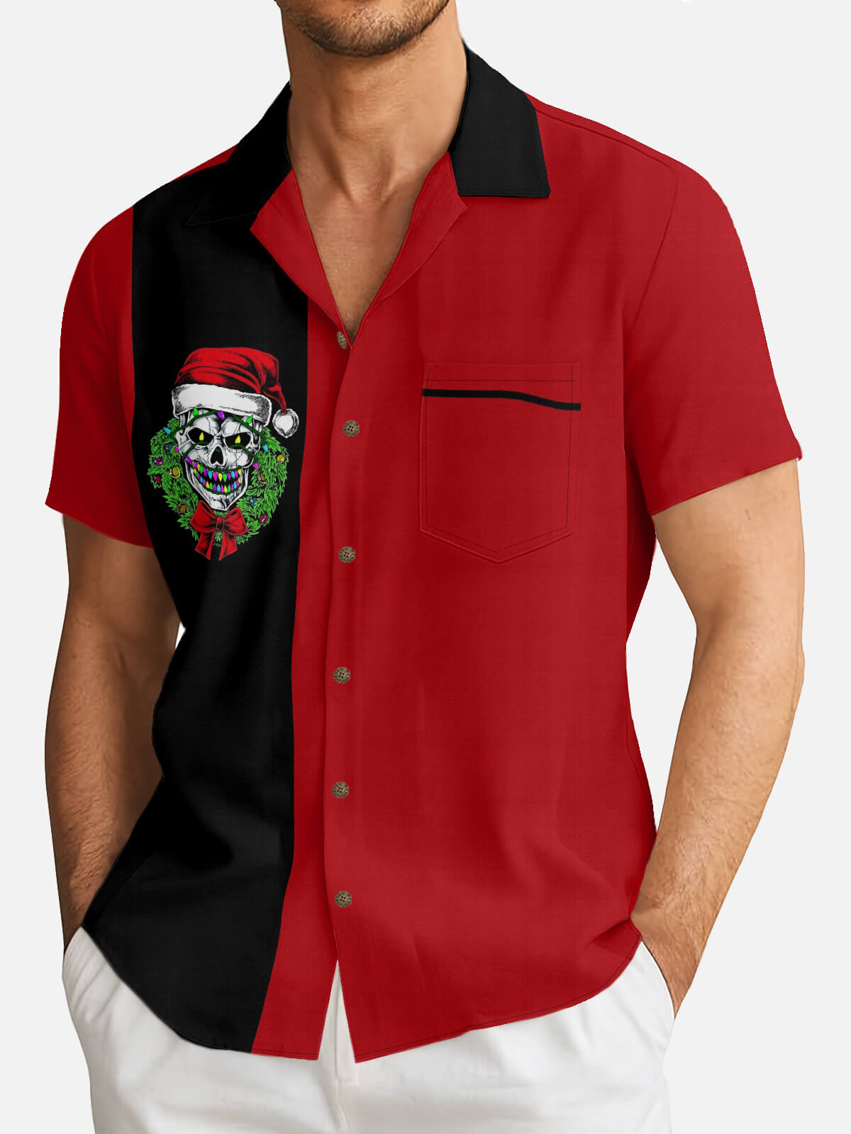 Men's Christmas Gothic Skull Wreath Black & Red Retro Short Sleeve Shirt Eleven Oasis