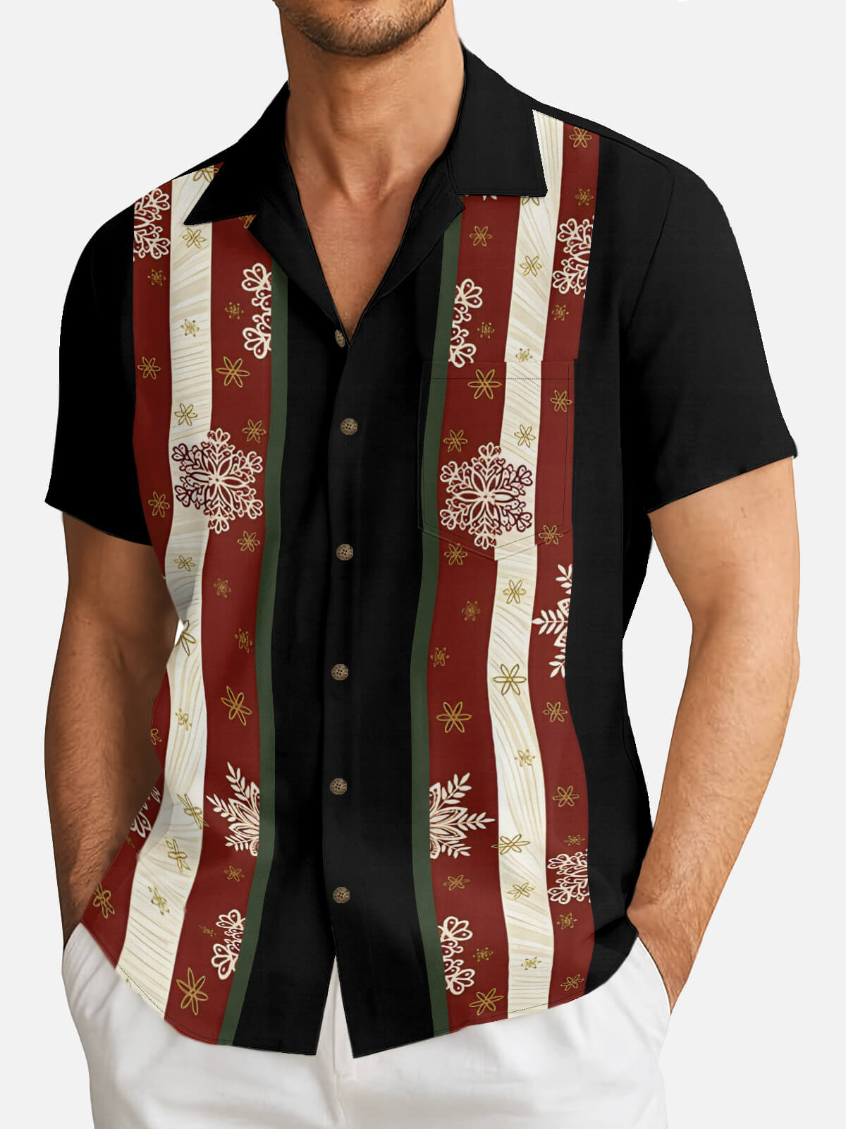 Men's Festive Snowflake Stripe Christmas Short Sleeve Shirt Eleven Oasis