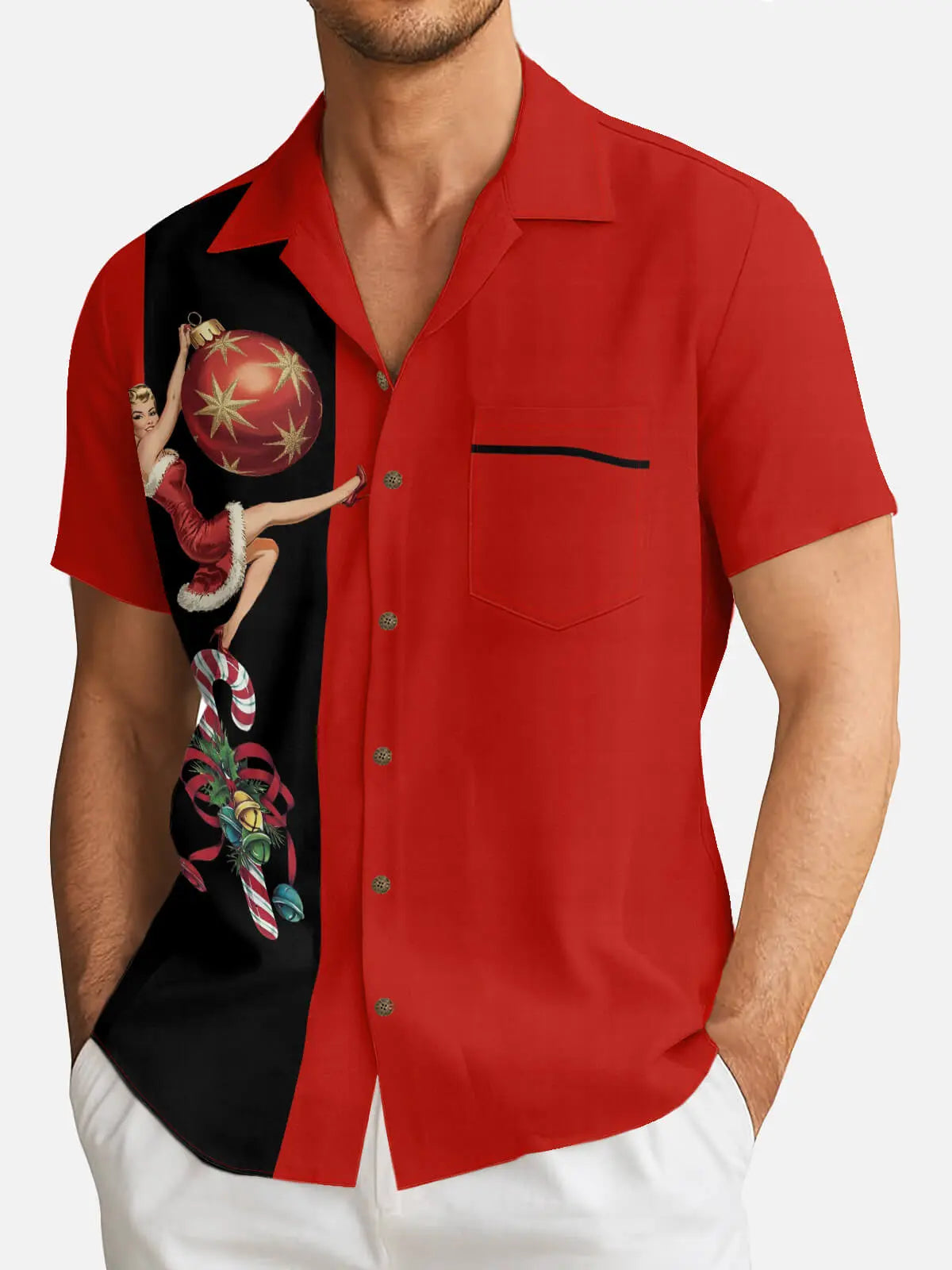 Men's Retro Pin-Up Christmas Short Sleeve Shirt
