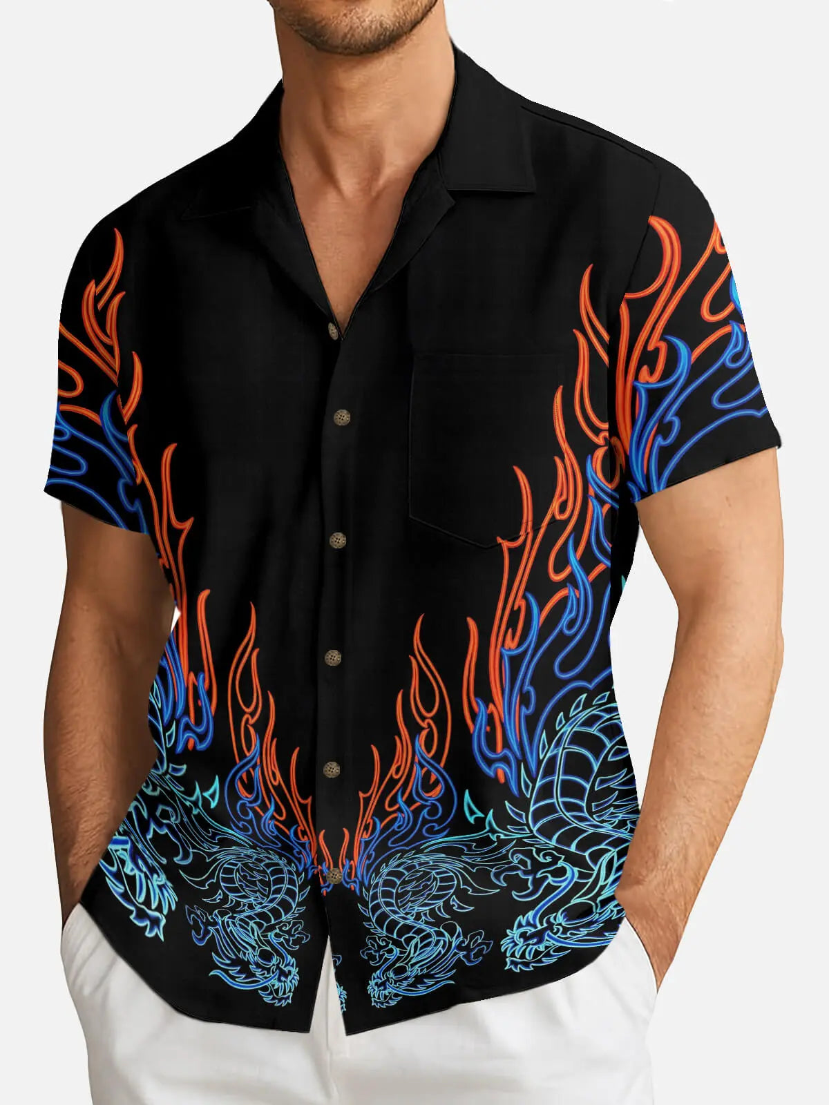 Men's Chinese Dragon Neon Flames Short Sleeve Shirt, Black / 2XL / Linen-Feel