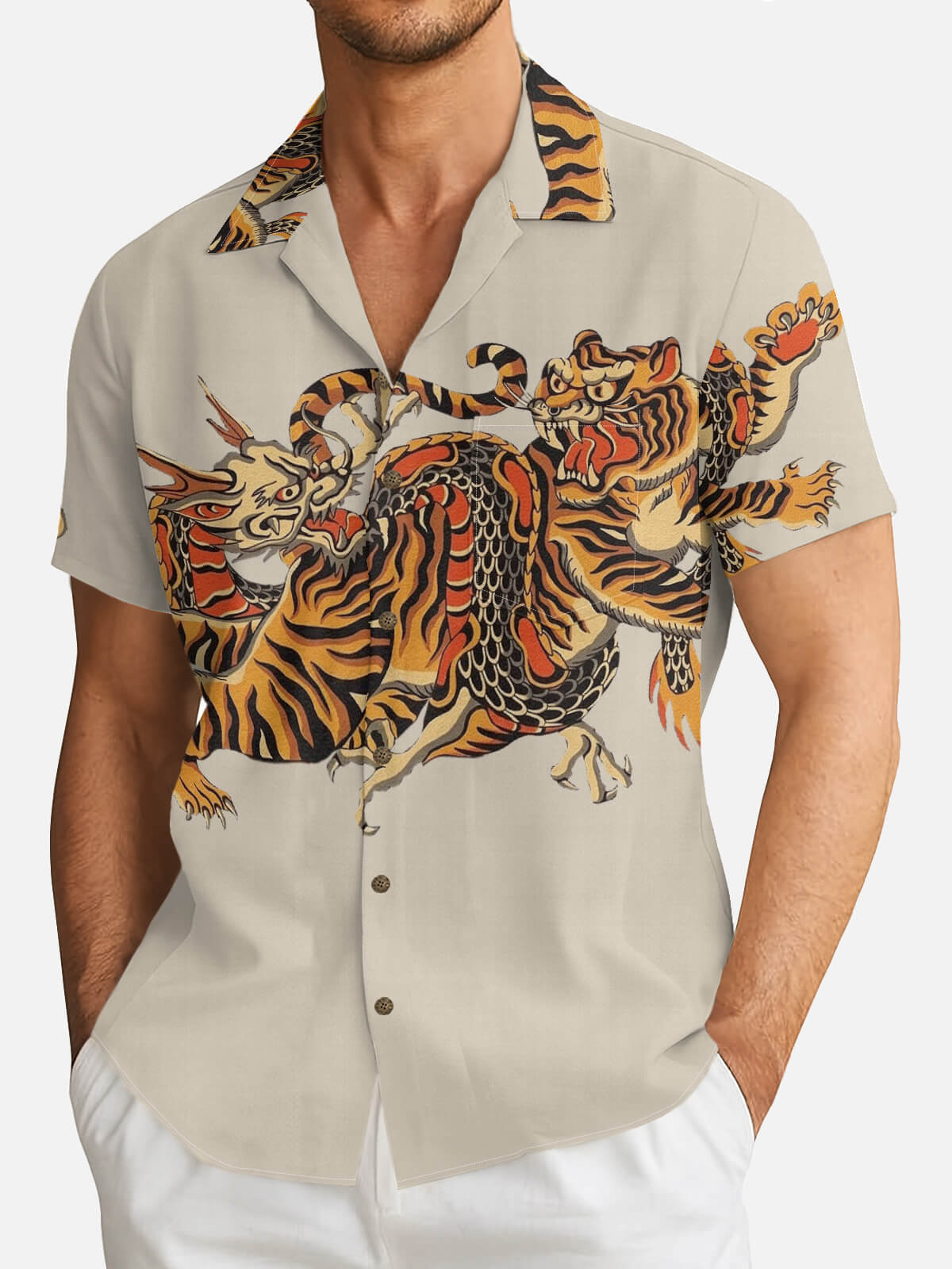 Tall Men's Japanese Tiger & Dragon Clash Short Sleeve Shirt Eleven Oasis