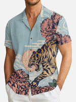 Men's Japanese Tiger & Peony Sky Short Sleeve Shirt Eleven Oasis