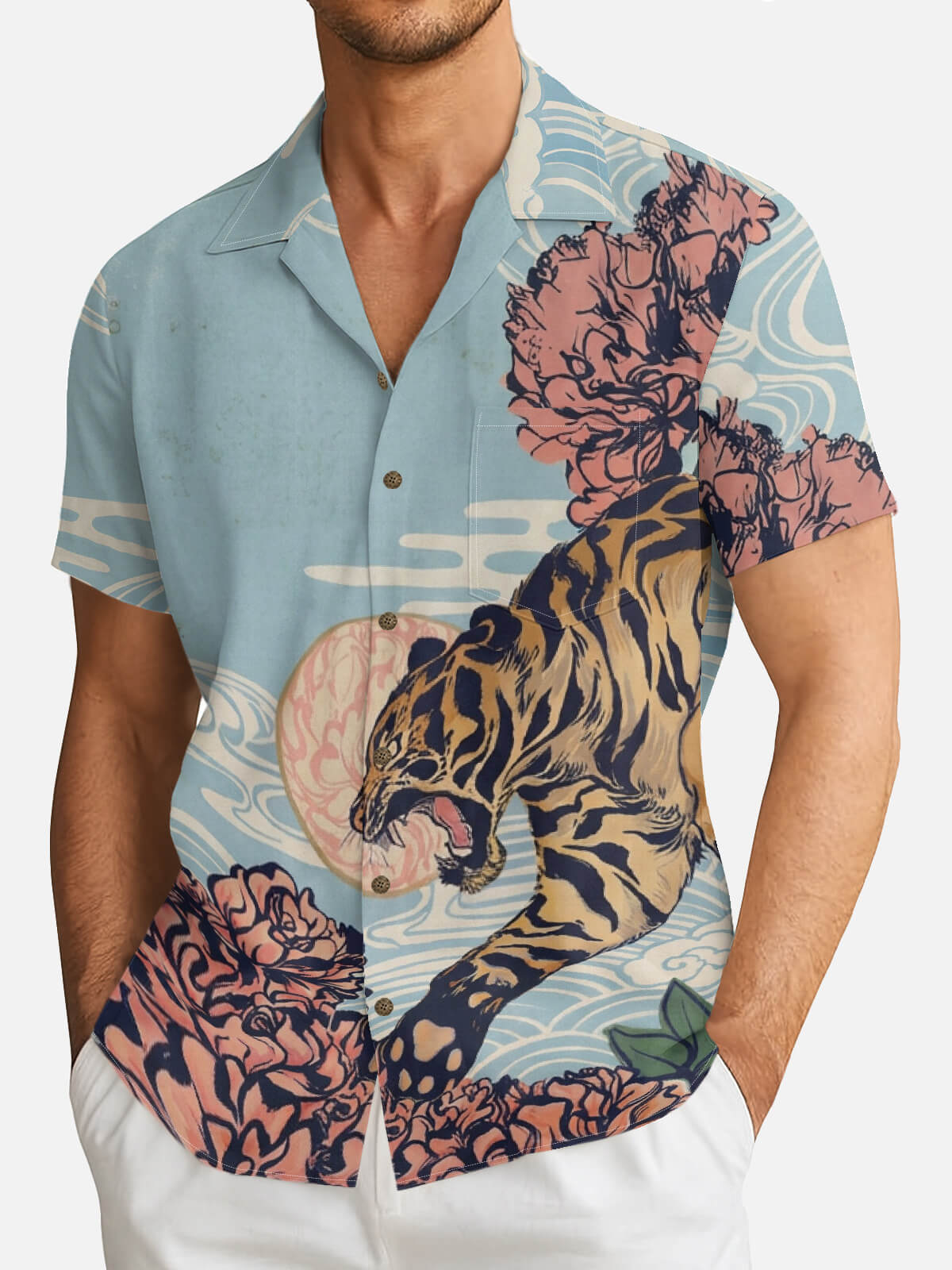Men's Japanese Tiger & Peony Sky Short Sleeve Shirt Eleven Oasis