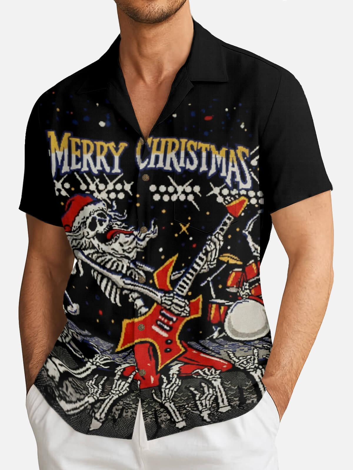 Tall Men's Rockin' Skeleton Santa Short Sleeve Shirt Eleven Oasis
