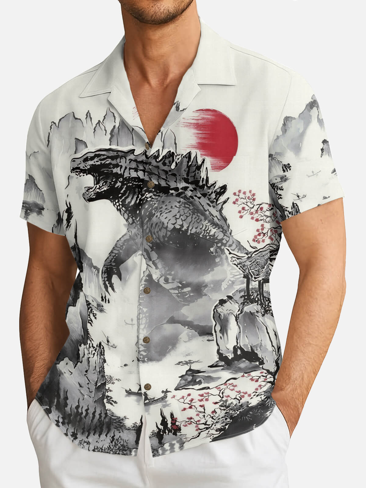 Men's Japanese Ink-Style Godzilla Landscape Short Sleeve Shirt Eleven Oasis