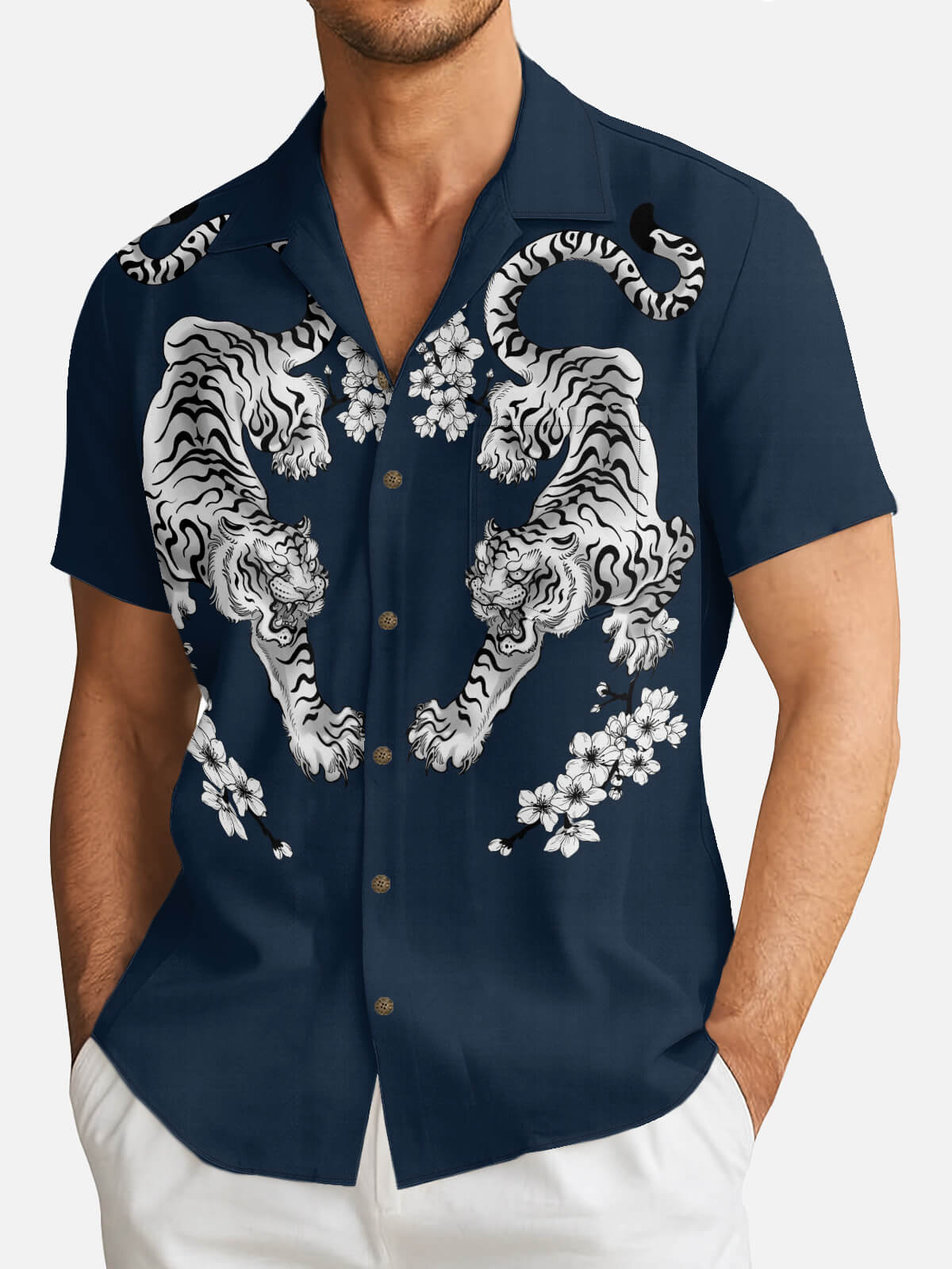 Tall Men's Japanese White Tiger & Sakura Short Sleeve Shirt Eleven Oasis