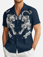 Men's Japanese White Tiger & Sakura Short Sleeve Shirt Eleven Oasis