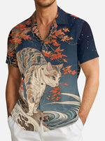 Men's Japanese Cat & Maple Wave Short Sleeve Shirt Eleven Oasis