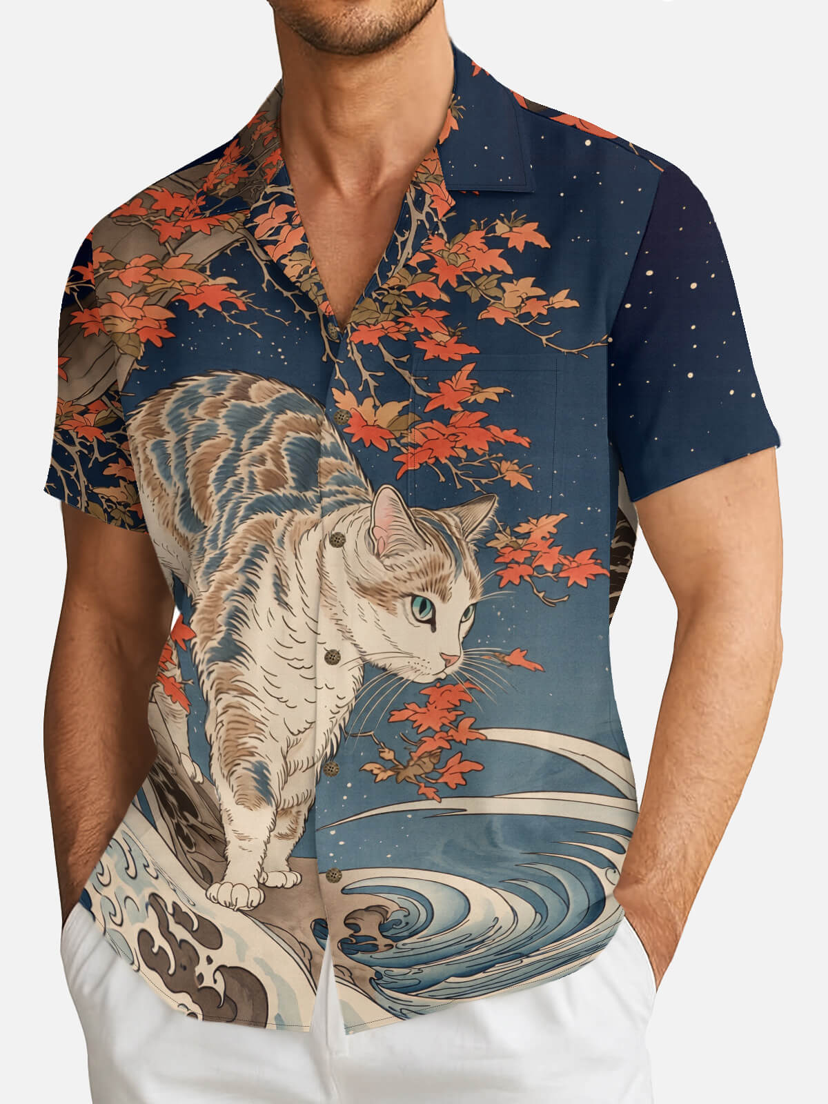 Men's Japanese Cat & Maple Wave Short Sleeve Shirt Eleven Oasis