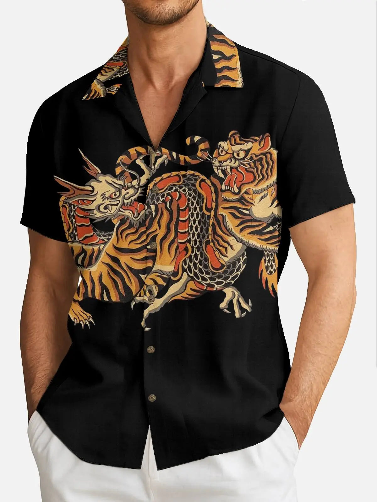 Men's Japanese Tiger & Dragon Clash Short Sleeve Shirt ElevenOasis