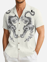 Men's Japanese White Tiger & Sakura Short Sleeve Shirt Eleven Oasis