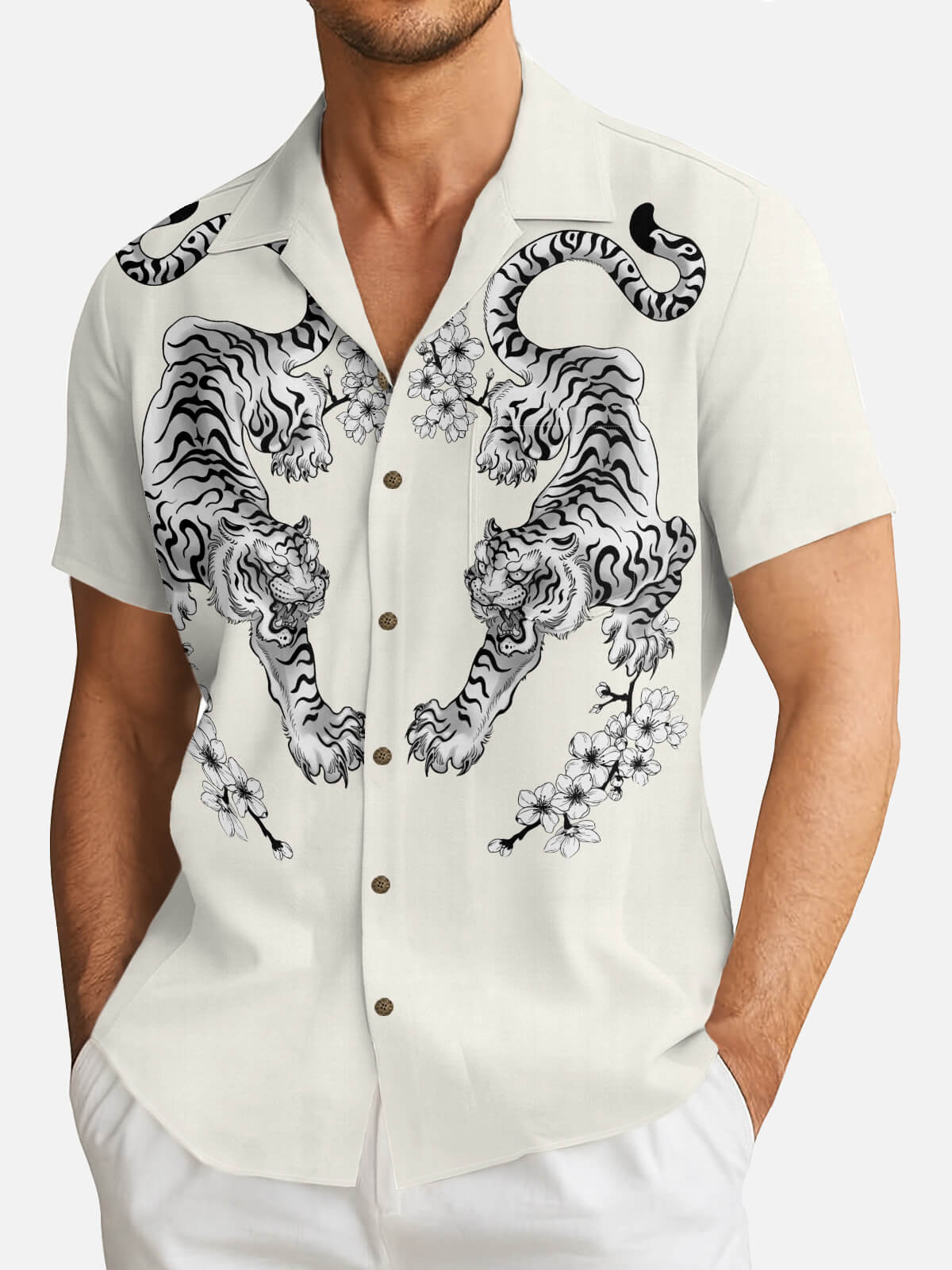 Men's Japanese White Tiger & Sakura Short Sleeve Shirt Eleven Oasis