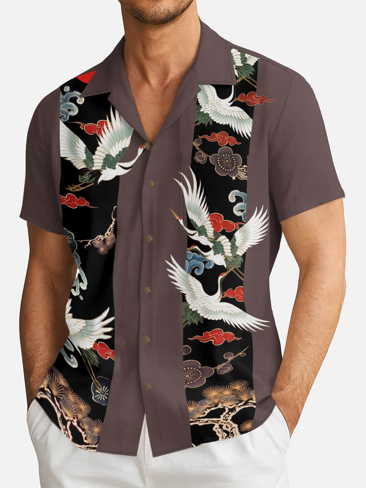 Tall Men's Japanese Crane & Cloud Panel Short Sleeve Shirt Eleven Oasis