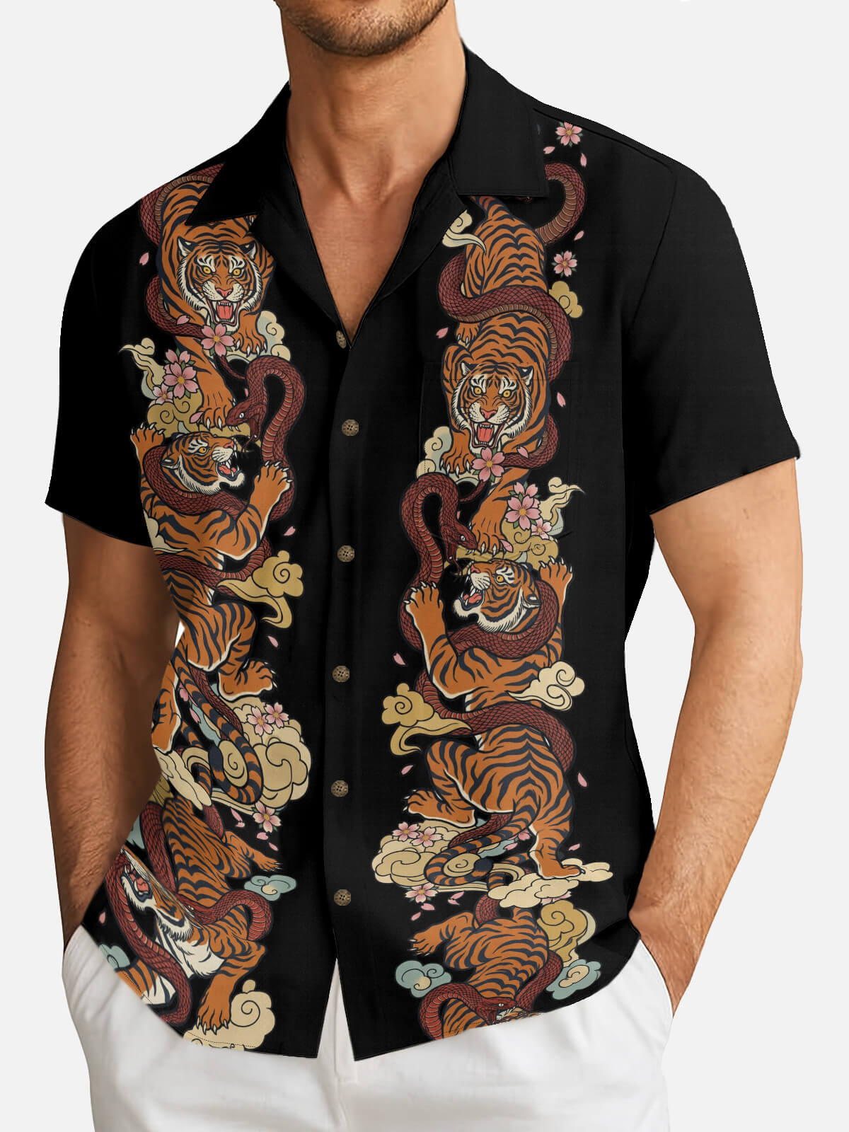 Tall Men's Japanese Tiger & Serpent Columns Short Sleeve Shirt Eleven Oasis