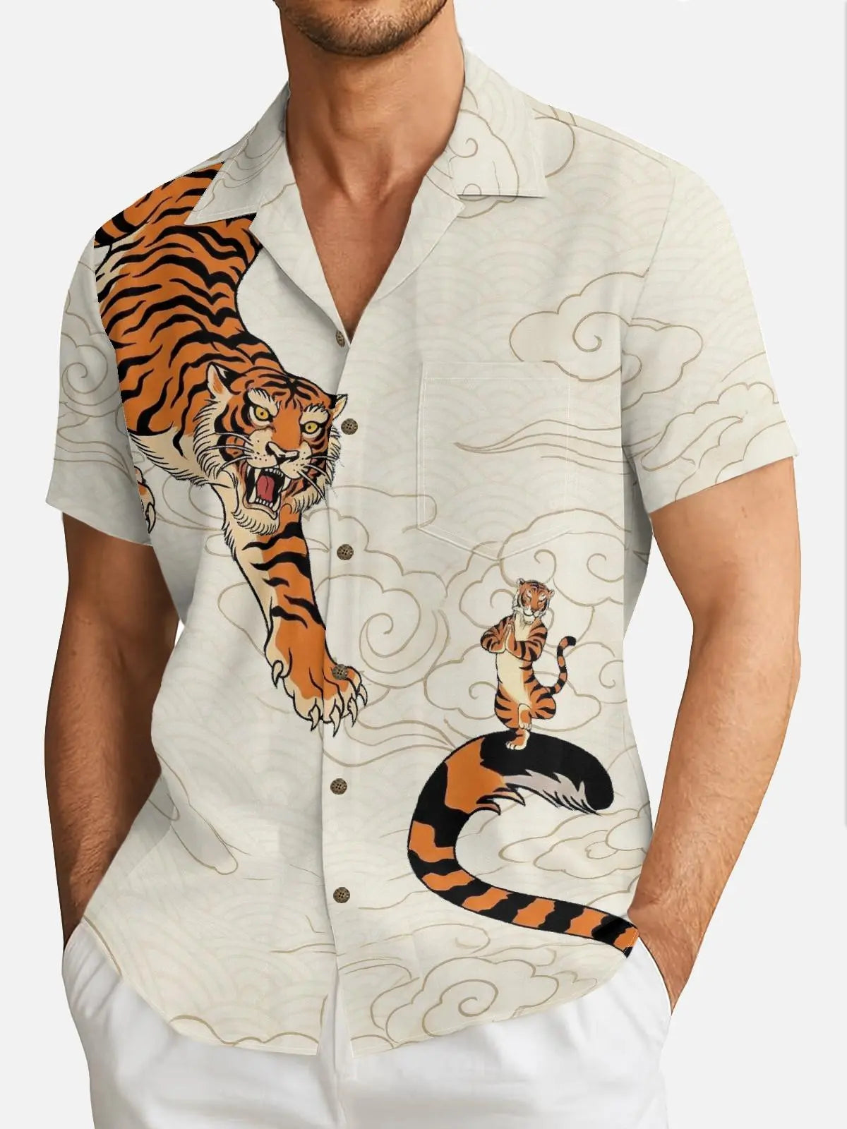 Men's Japanese Tiger & Dragon Clash Short Sleeve Shirt ElevenOasis