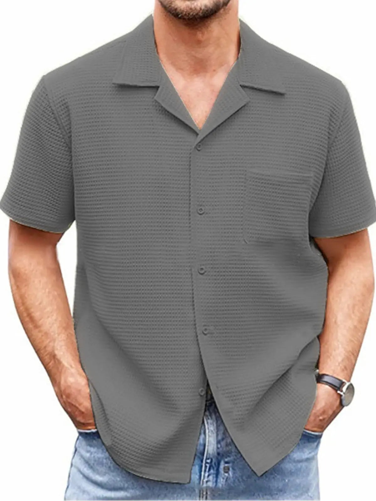Men's Solid Waffle Short Sleeve Shirt ElevenOasis