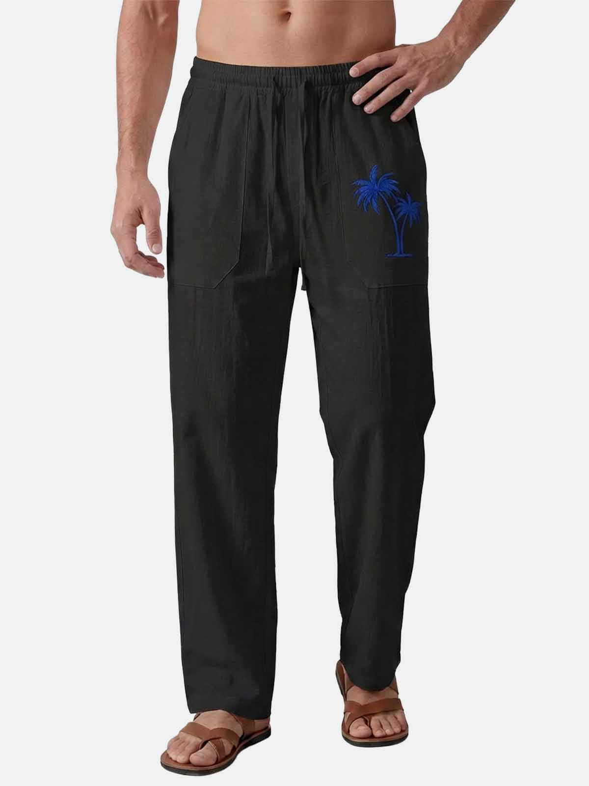 Men's Casual Palm-Print Linen Pants Eleven Oasis