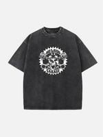 Hot Rod Garage Skull Piston Classic Artwork Acid Wash Cotton T-Shirt Eleven Oasis