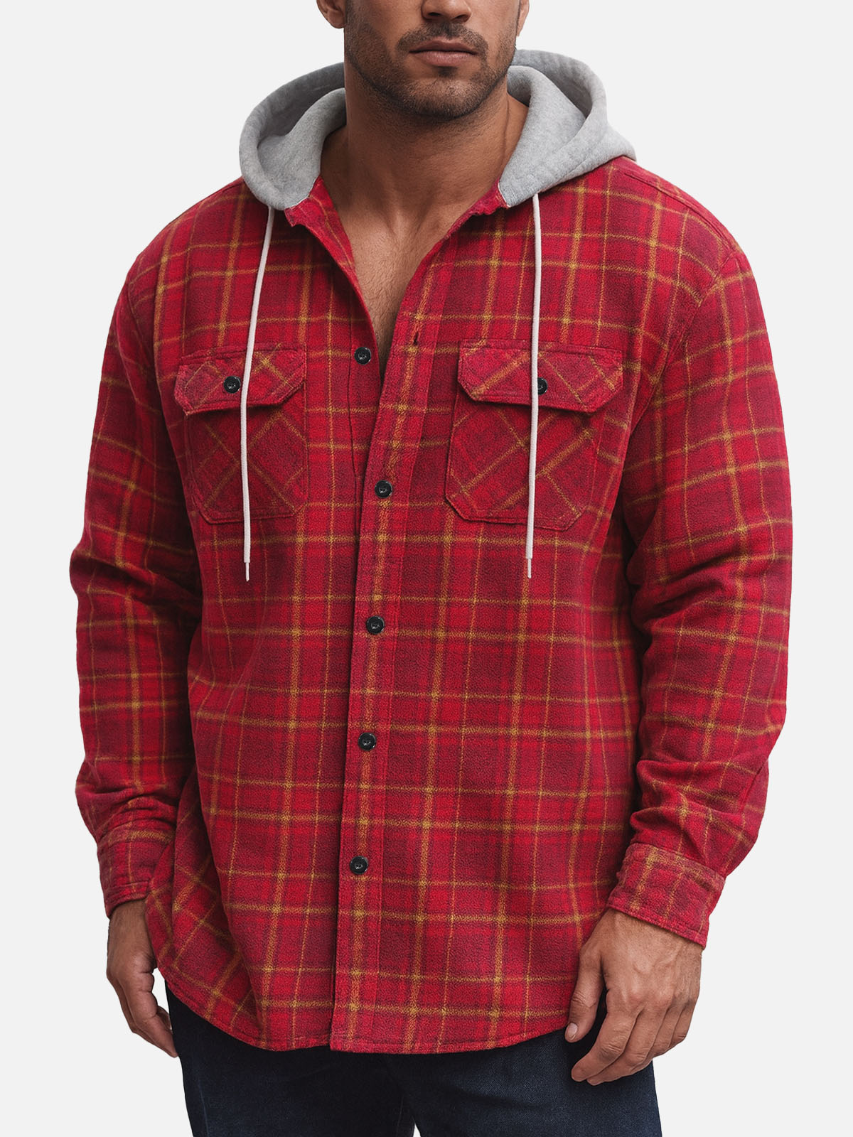 Men's Hooded Plaid Flannel Long Sleeve Shirt Jacket KOLAB
