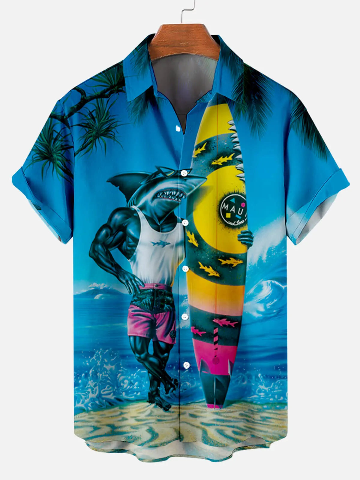 Hawaii Surf Sharkman Pattern Men's Short Sleeve TopMens short sleeve shirts Big and tall Mens shirts Short sleeve shirts for men Mens 4xl shirts Casual short sleeve shirts