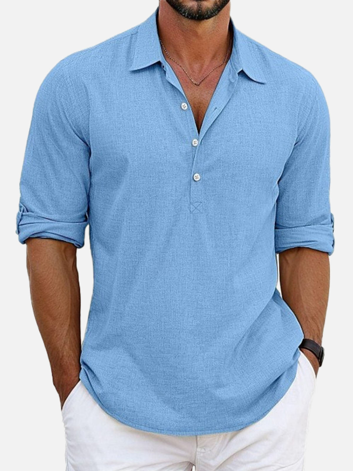 Men's Cotton Stand Collar Long Sleeve Popover Shirt Eleven Oasis
