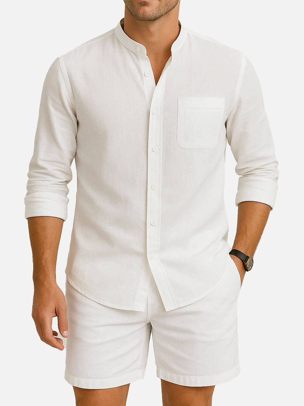 Men’s Solid Color Linen Stand Up Collar Long Sleeve Elastic Waist Set Casual Slow Sunday Two Piece Eleven Oasis