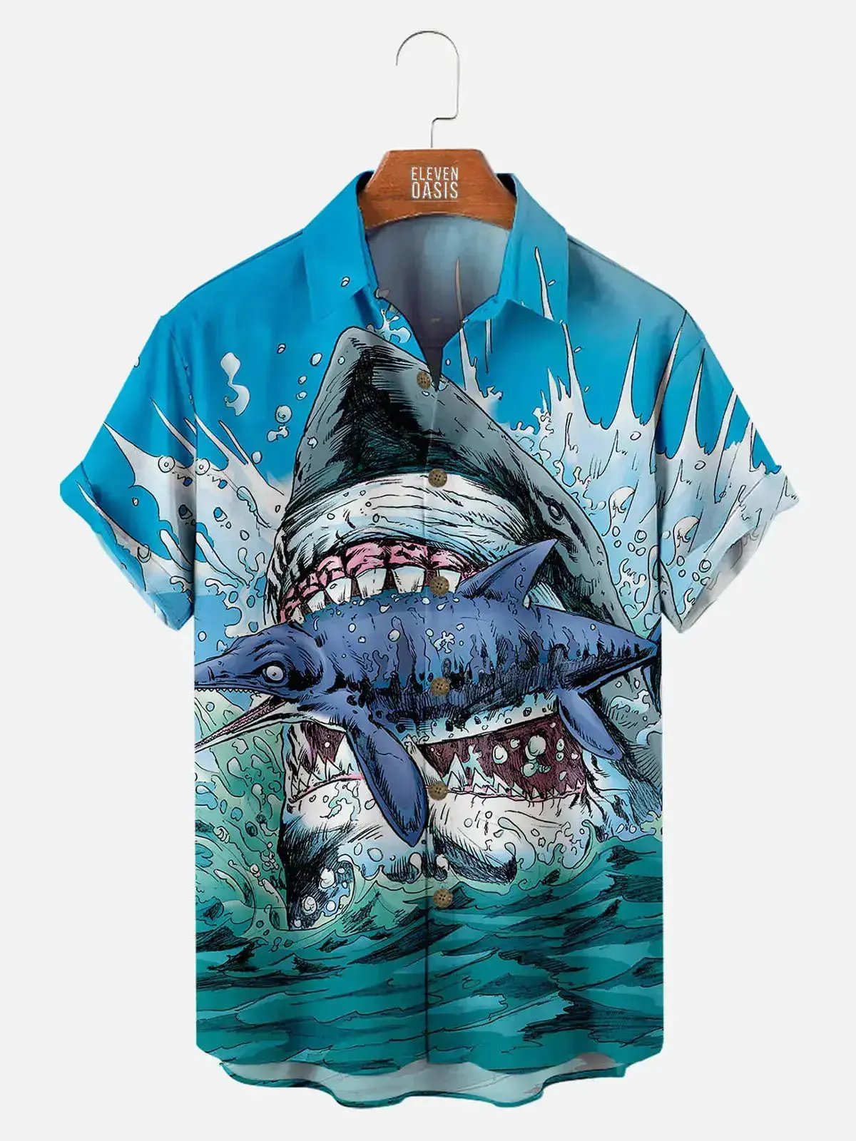 SSLR Men's Straight Fit Short Sleeve Shark Print Shirt - 100% Cotton Button-Up Casual Shirt