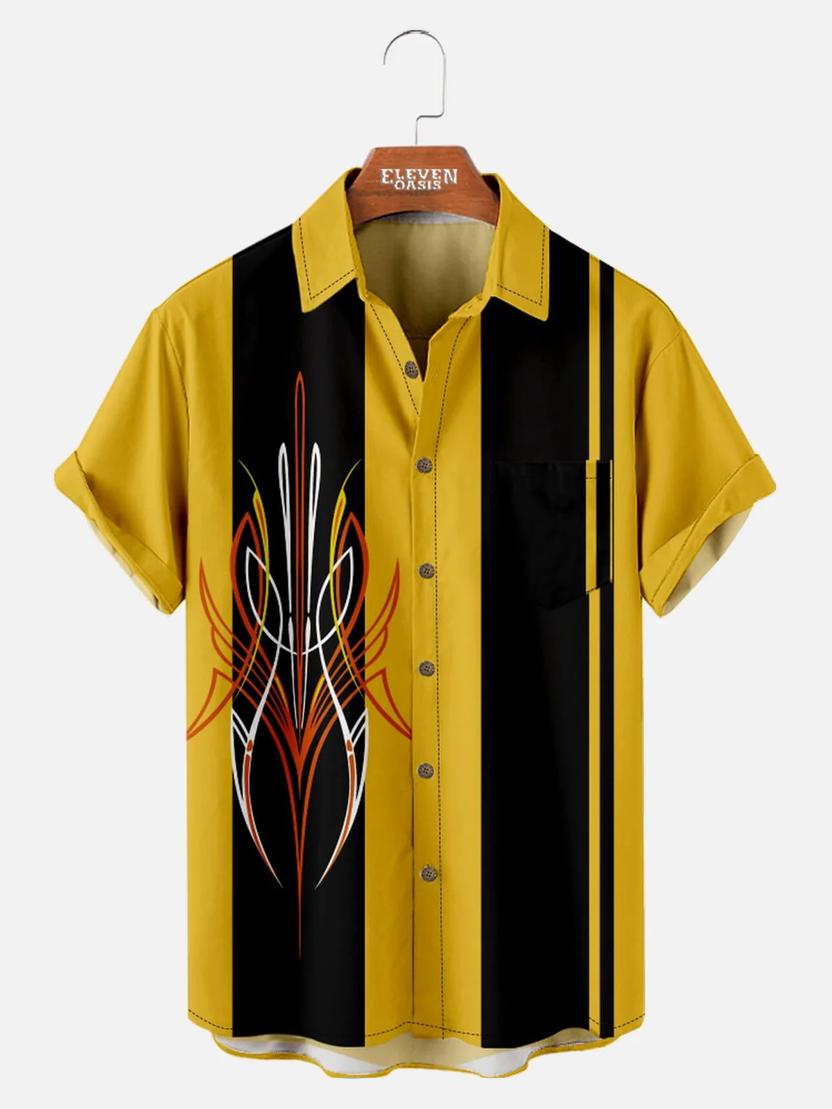 Men‘s Hot Rod Spread Collar Short Sleeve Shirt Retro Irregular Stripe Eleven Oasis